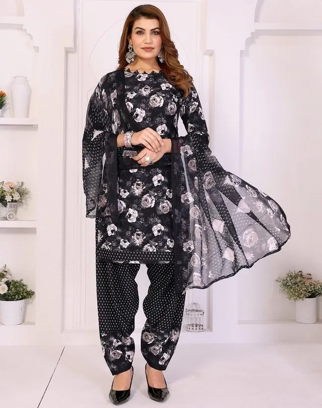 Crepe Floral Punjabi Suits for Women (Black, Black)