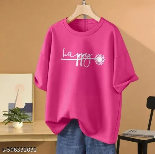 Cotton Blend Printed T-shirt for Women, Pink (L)