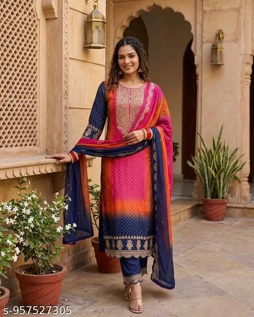 Print Embroidery Chinon Salwar Suit Set for Women (Blue, S)