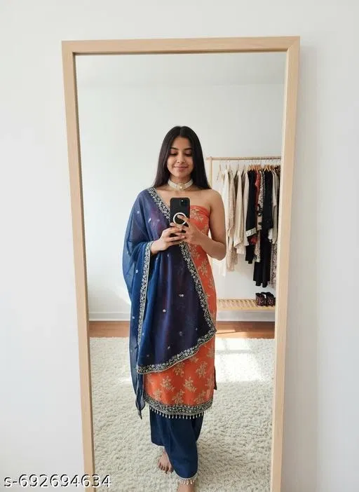 Embroidered Anarkali Party Suit for Women (Orange, Un Stitched)