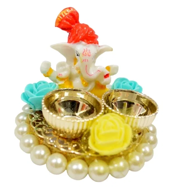 Metal Decorative Ganpati Haldi Kumkum Stand with 2 Roli Chawal Holder, Multicolor