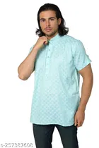 Cotton Blend Printed Short Kurta for Men 