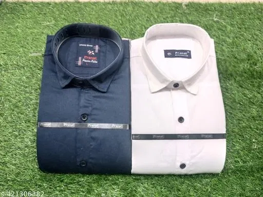 Cotton Blend Solid Shirts for Men, Blue & White, Pack of 2 (L)