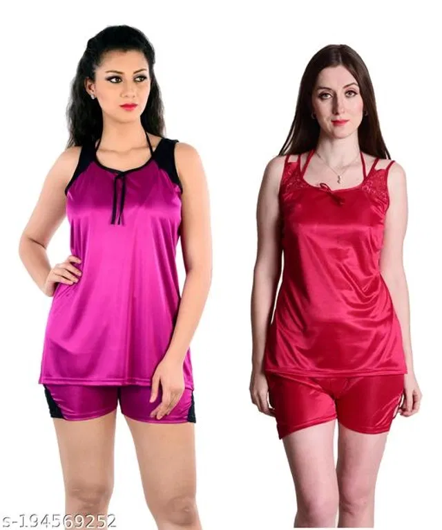 Satin Nightdress Set for Women (Magenta & Maroon, S) (Set of 2)