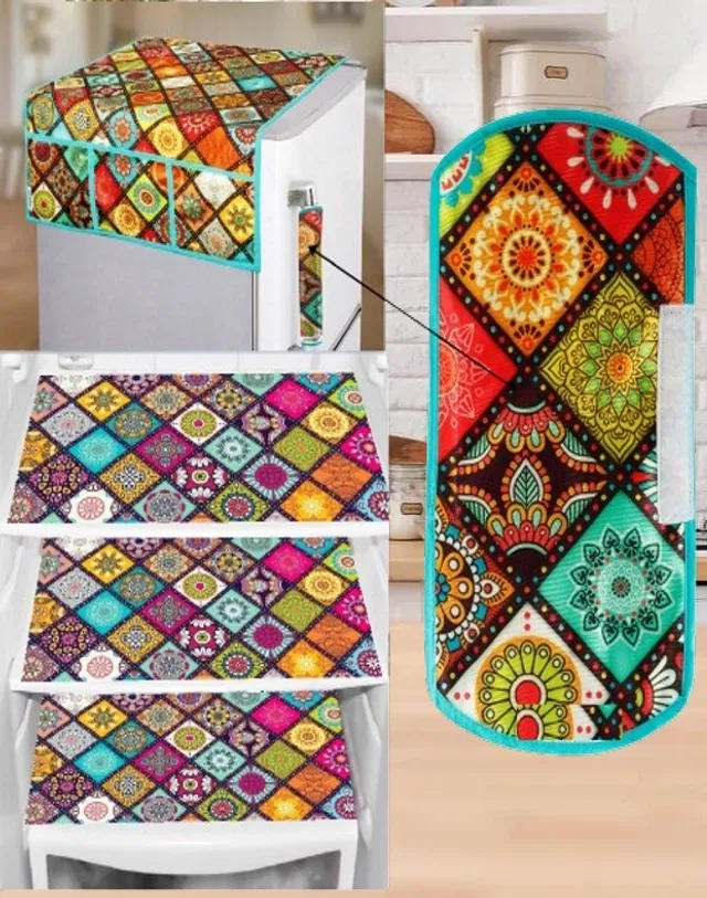 PVC Printed Fridge Top Cover with 3 Pcs Shelf Mats & Handle Cover (Multicolor, Set of 1)