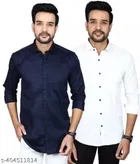 Cotton Blend Solid Shirts for Men, Blue & White, Pack of 2 