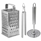 Oc9 स्टेनलेस स्टील 4 in 1 स्लाइसर एंड ग्रेटर & रोटी चिमटा & पोटैटो मेशर फॉर किचन टूल सेट 