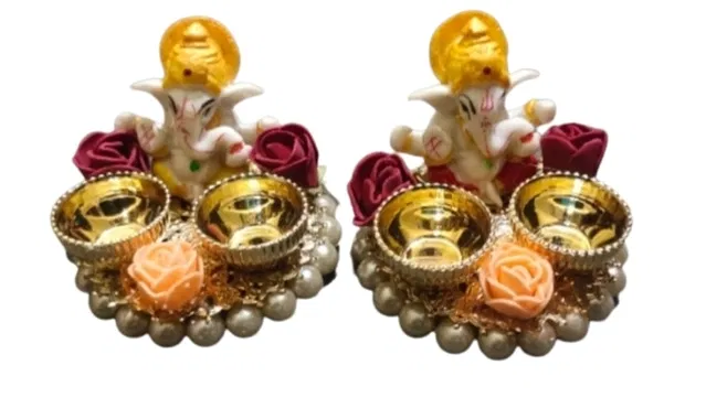 Metal Decoretive Pooja Thali, Multicolour Pack of 2