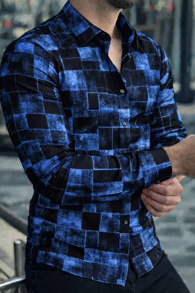 Lycra Geometric Print Shirt for Men, Blue (M)