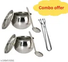 Stainless Steel Oil Container Pot Set (2 Pcs) with Cooking Tong (Silver, Set of 3)