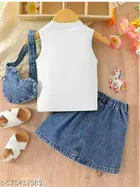Hosiery Cotton & Denim Printed Clothing Set for Kids, White & Blue 
