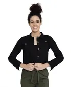 Cotton Twill Solid Jacket for Women, Black (S)