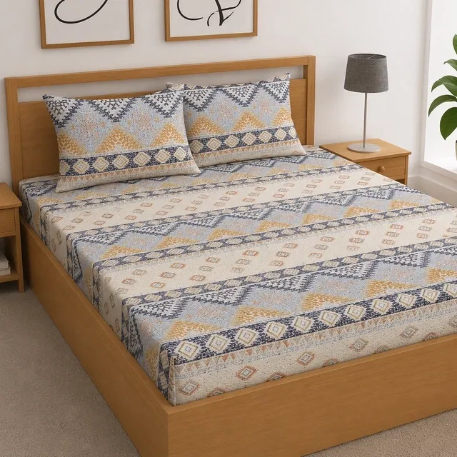 Cotton Feel Fitted (Elastic) Double Bedsheet Ethnic look Print