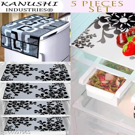 KANUSHI Industries® 1Pc Fridge Cover for Top with 6 Utility Pockets + Taddy Design 4 Fridge Mats (FRI-Black-Box+M-2-04)…