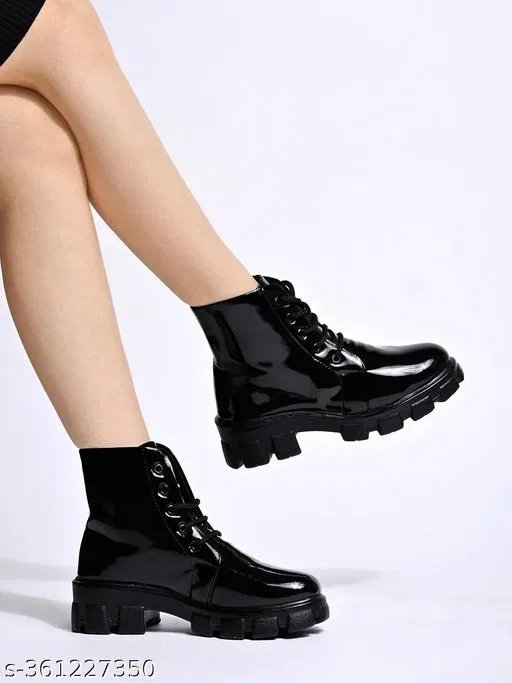 Shoetopia Solid Patent Leather Block Heel Boots Black (IND-5)