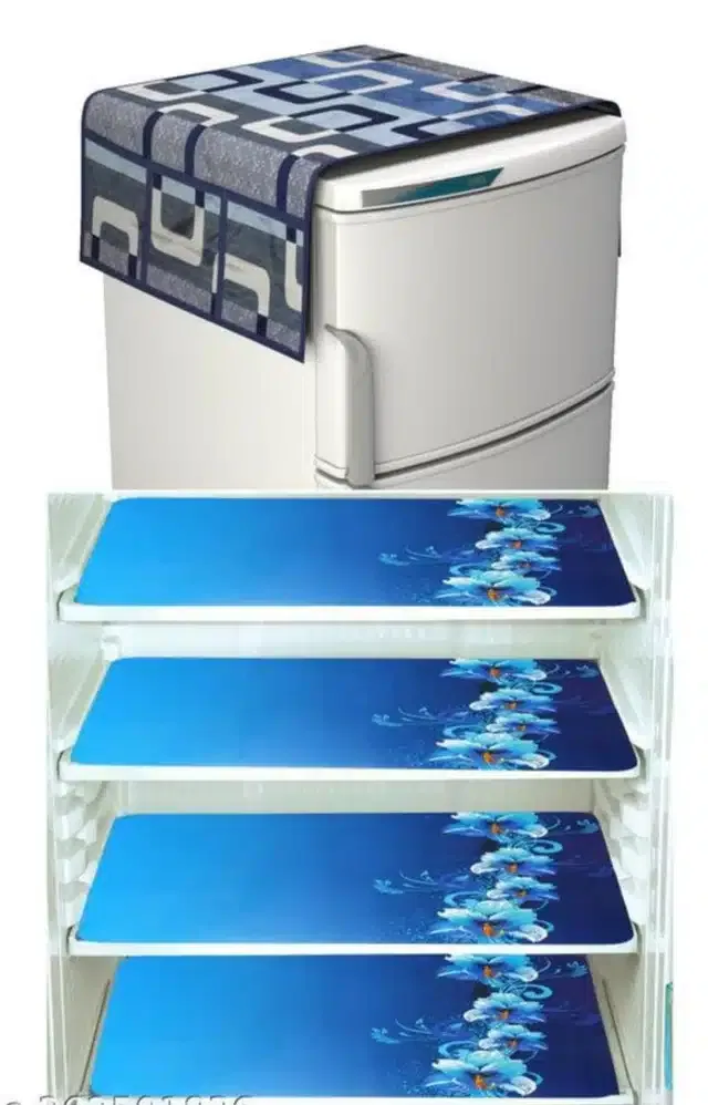 Knit Printed Fridge 4 Pcs Mat with Top Cover (Blue, Set of 1)