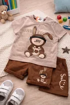 Cotton Blend Clothing Set For Boys ,Creme & Brown 