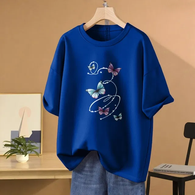Oversized Cotton Blend T-shirts for Women (Blue, XL)