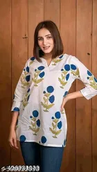 Rayon Printed Short Kurti for Women, White 