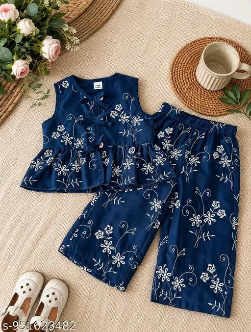 Floral Cotton Co-Ord Set for Girls (Navy Blue, 6-9 Months)