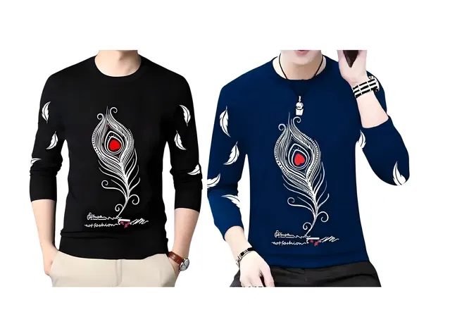 Round Neck Printed T-Shirt for Men (Black & Navy Blue, S) (Pack of 2)