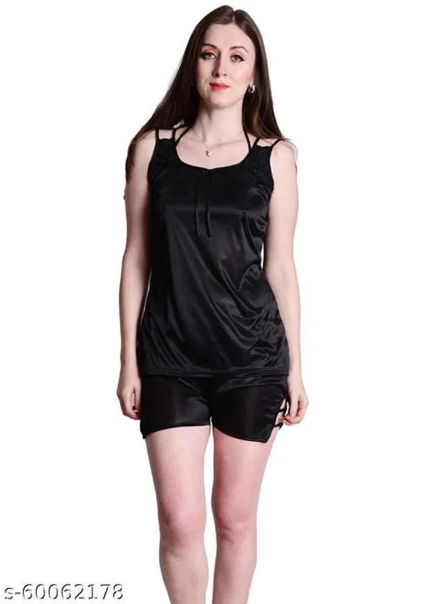 Satin Nightdress Set for Women (Black, Free Size)