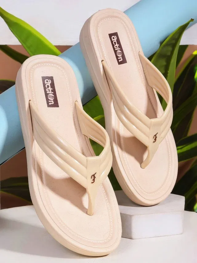 action Casual Flip Flops for Women (Beige, 7)