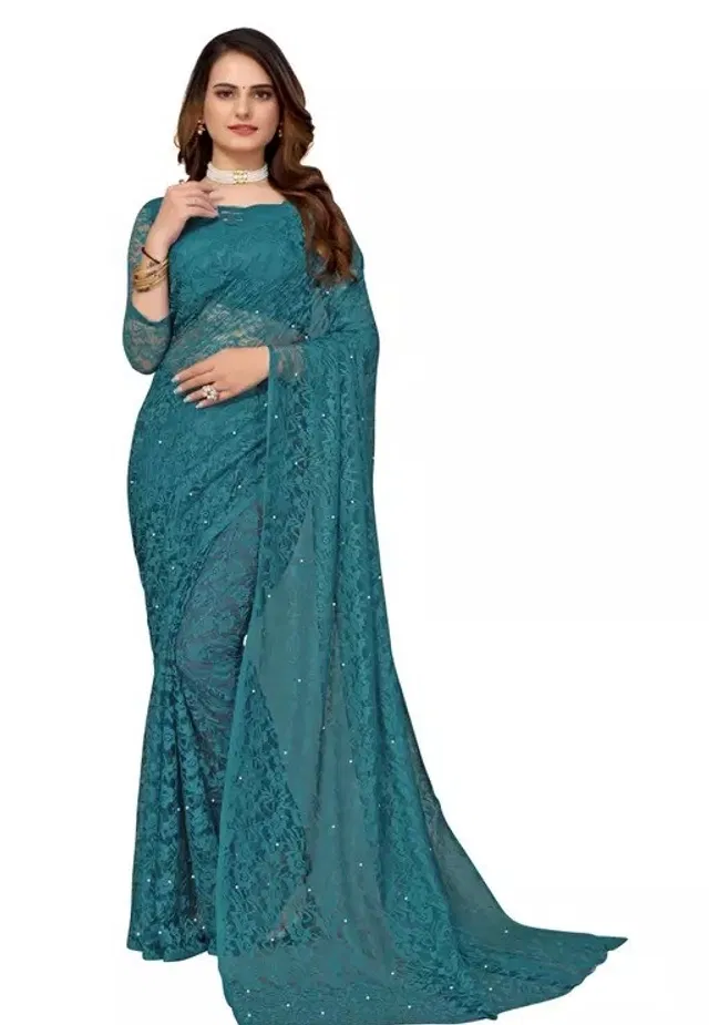 Net Solid Saree for Women (Teal, 6.3 m)