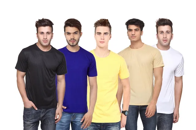 Round Neck Solid Polyester T-shirts for Men, Pack of 5 (Multi, XL)