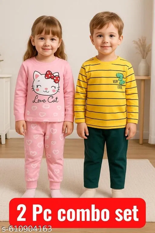 Hosiery Cotton Printed Clothing Set for Kids, Multicolor, Pack of 2 (0-3 Months)