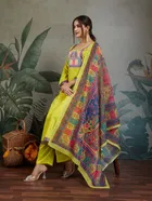 Cotton Blend Printed Kurti With Pant & Dupatta for Women, Yellow 
