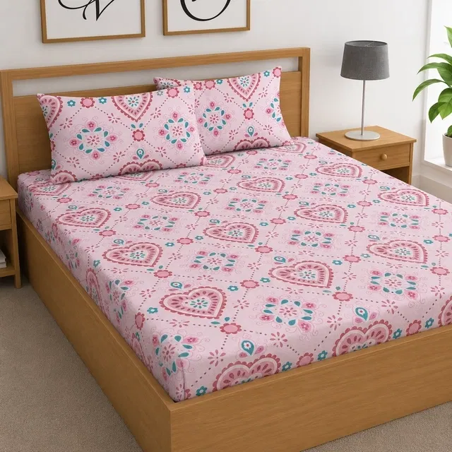 Cotton Feel Fitted (Elastic) Double Bedsheet Pink Heart