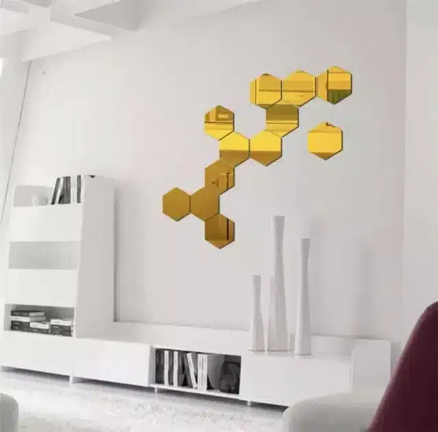Acrylic Hexagon Shaped Wall Mirror Stickers (Gold, Pack of 12)