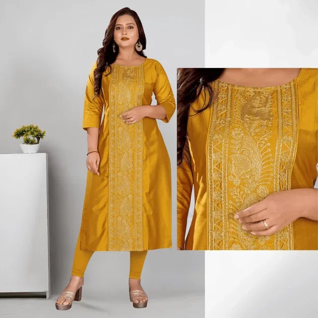 Cotton Silk Embroidered Kurti for Women & Girls, Yellow (XL)
