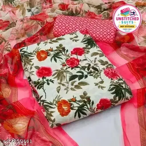 Floral Print Cotton Blend Unstitched Suit Fabric for Women, White & Pink