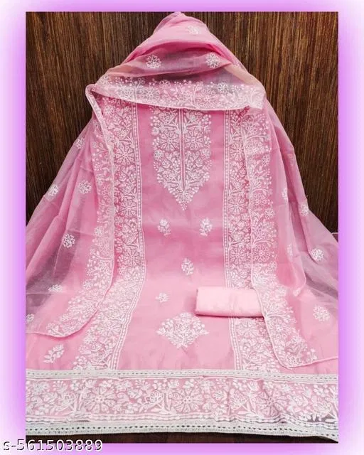 Embroidered Lucknowi Chanderi Cotton 5.85 meter (S) Sewing & Embroidery (, 5.85 meter (S)) (Pink, 7.05 meter (4XL)