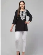 Gulab Design Cotton Embroidery Long Kurti For Women (Black) Size (L)
