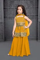 Georgette Embroidered Kurti with Sharara & Dupatta for Girls (Mustard, 2-3 Years)