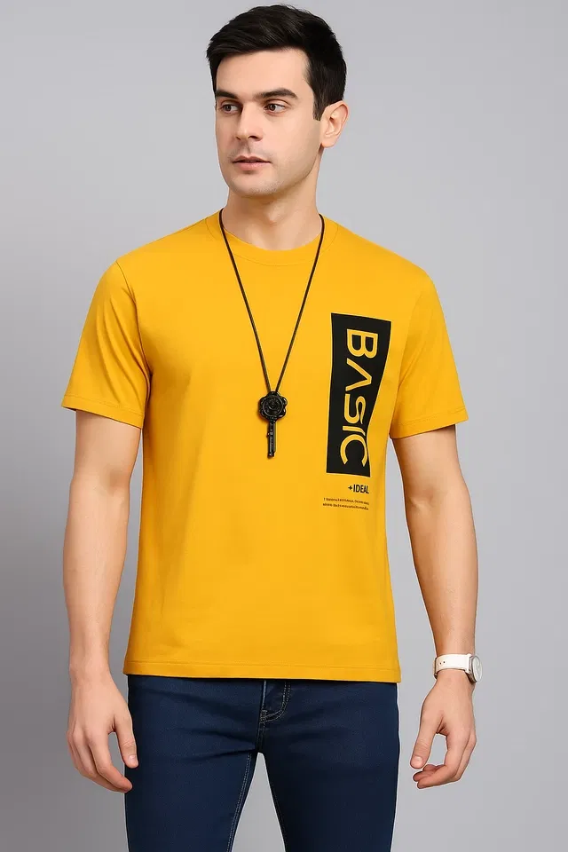 Round Neck Printed T-Shirt for Men (Yellow, M)