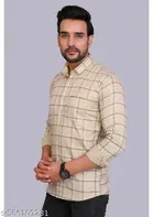 Cotton Blend Checked Shirt for Men, Cream 