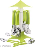 Stainless Steel Cutlery Set with Stand (Green, Set of 25)