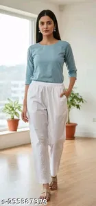 Cotton Solid Pant for Women, White 