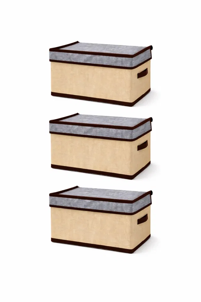 Craft Bazar Foldable Fabric Storage Box with Lid and Side Handles for Clothes, Books, Towels, Wardrobe, Shelf and Home Organization Pack of 3