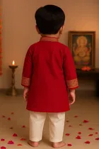 Cotton Printed Kurta with Payjama for Boys, Red & White 