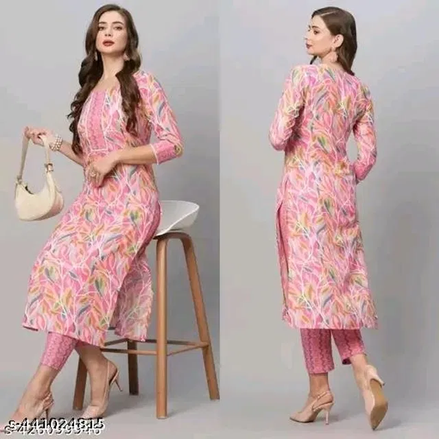 Cotton Blend Printed Kurti with Pant for Women (Pink, S)