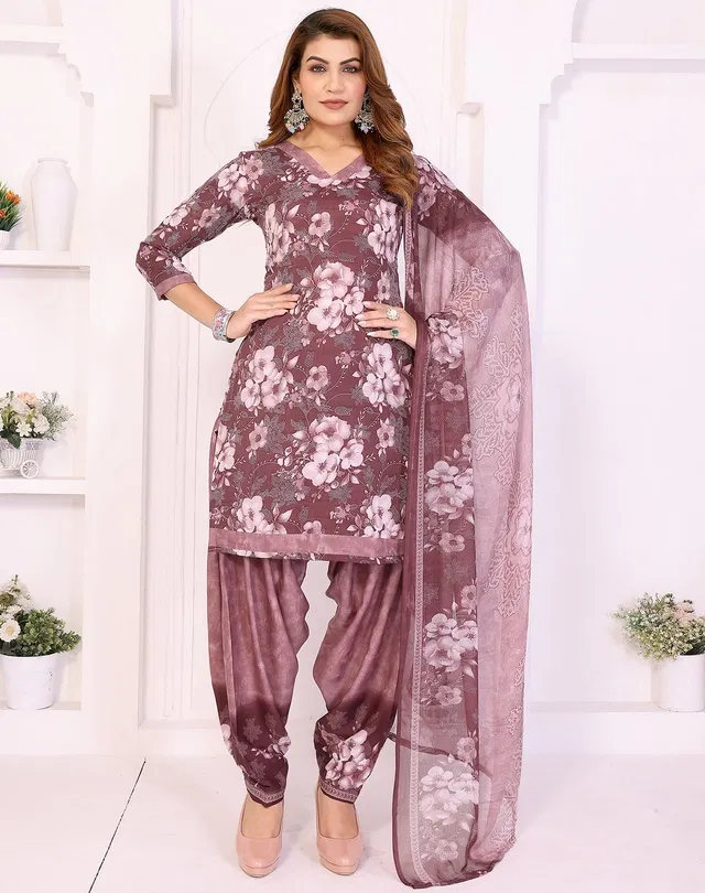 Crepe Floral Punjabi Suits for Women (Purple, Purple)