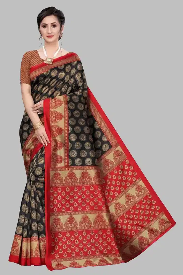 Printed Saree with Unstitched Blouse for Women (Black, 6 m)