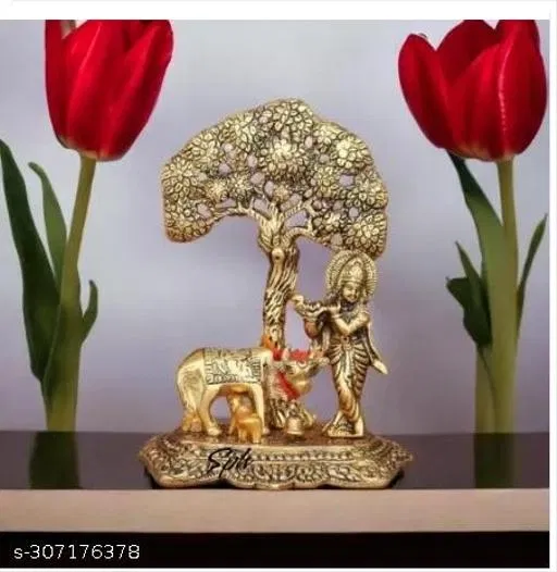 Aluminium Krishna with Cow Statue (Yellow)