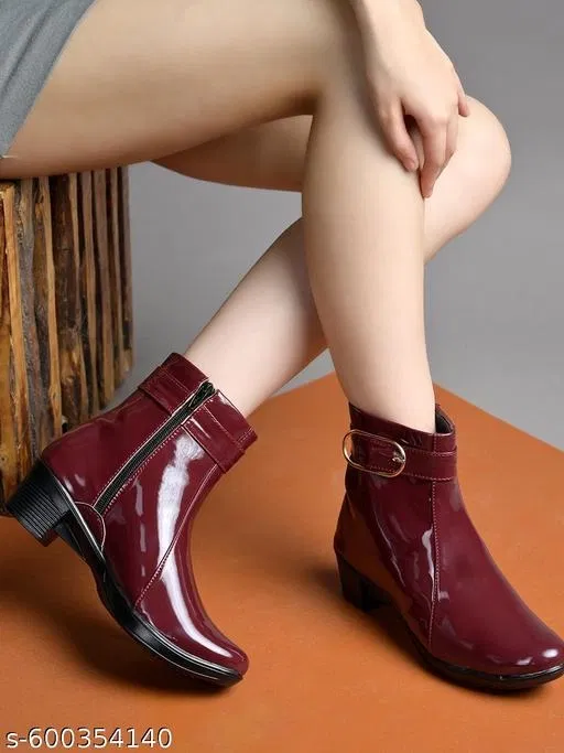Shoetopia Solid Patent Leather Heeled Boots Red (IND-8)