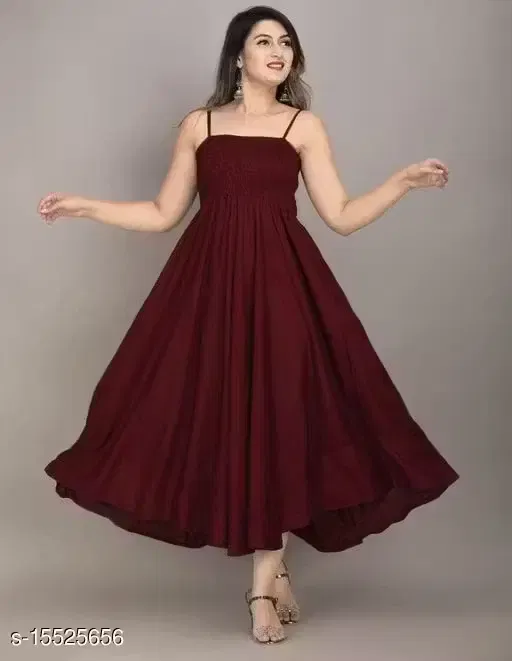 Fit and Flare Full Length Dress for Women, Wine (XL)